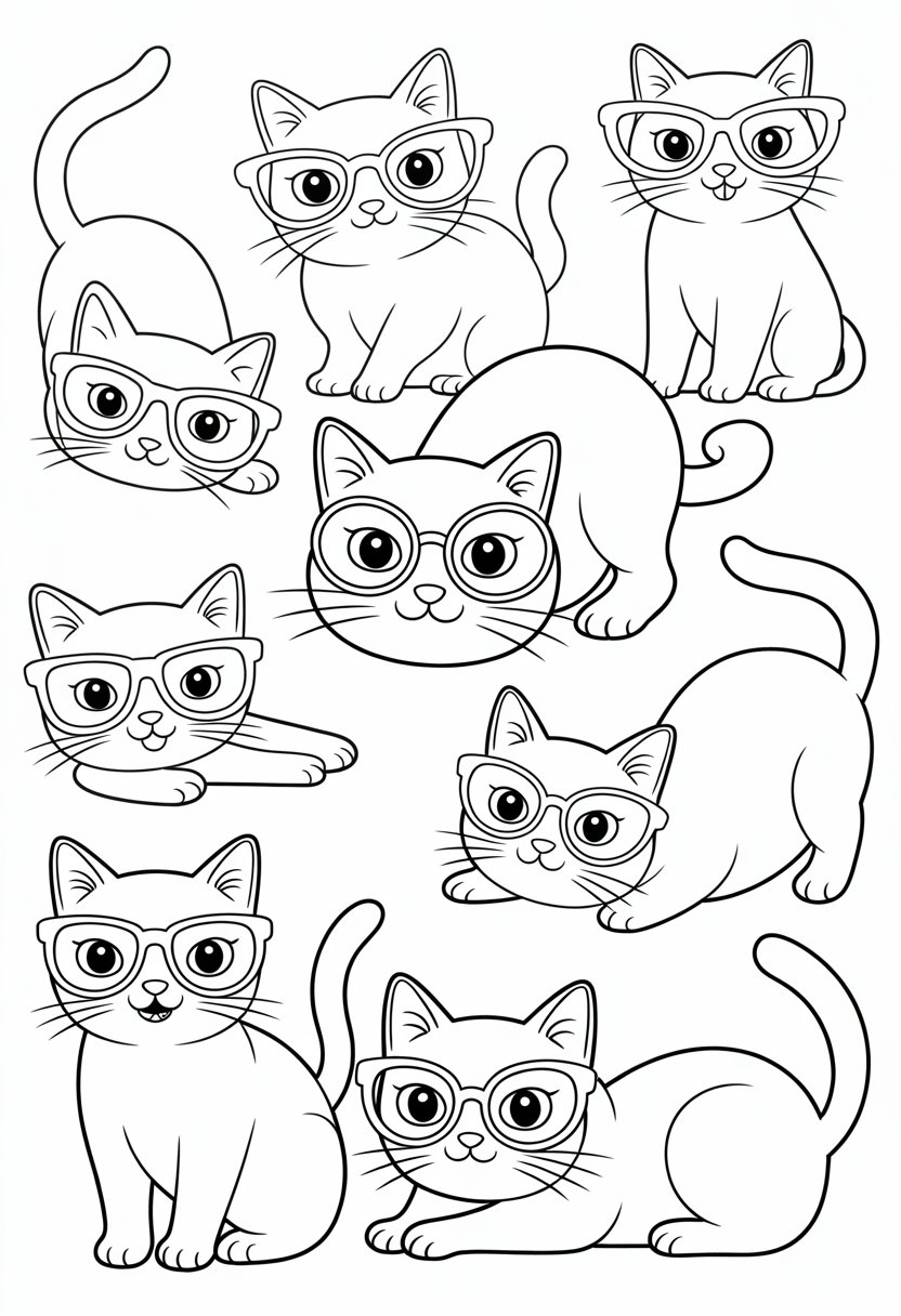 Printable Cute Cat Coloring Pages 20 Best Designs for All Ages 34 Several cats wearing different styles of glasses in various playful and relaxed poses.